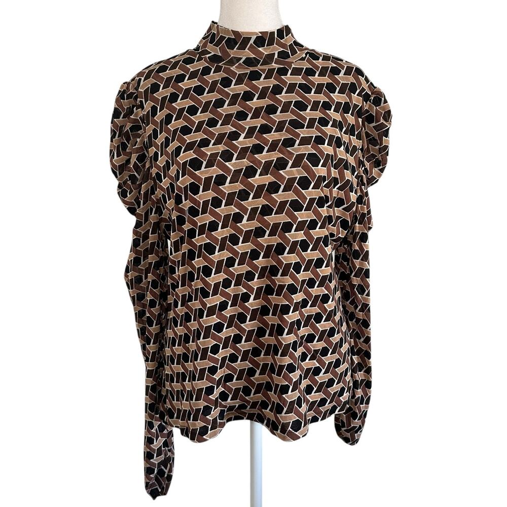 Diane Von Furstenberg brown & black geometric print long sleeve mock neck top XL